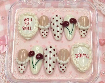 Cherry Milk Vintage Press-On Nails – 3D Polka Dot & Sweet Cherry Cream Set