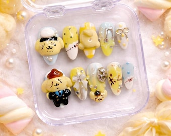 Pudding Bear Kawaii 3D Nail Set – Pastel Yellow Character Press-On Nails with Charms