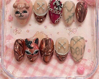 Cherry Chrome Kawaii Charm Press-On Nail Set 3D Bear & Fox, Nude Marble, Chain Accent Nails