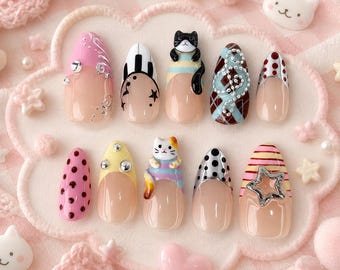 3D Lucky Cat Press On Nails | Pink Polka Dot Harajuku Kitty Nail Set