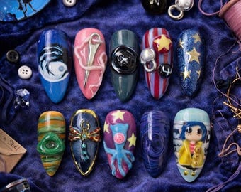 Coraline Other World Press On Nails | 3D Button, Needle Accents, Custom Set