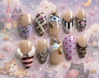 3D Kitty Café Press On Nails | Kawaii Pastel Chocolate Drip Polka Dot Set