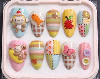 Kawaii Monkey Press On Nails | 3D-set banaan, kers, patchwork pastel dierenkunst