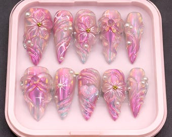 Hand-Painted 3D Floral Press-On Nails: Iridescent Pink Chrome Coquette Set