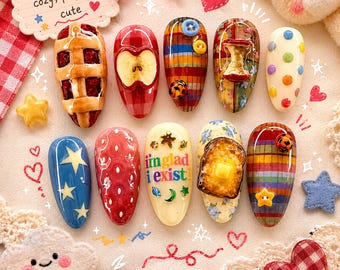 Harvest Picnic Press-On Nails | 3D Apple Pie, Strawberry, Plaid Nail Set