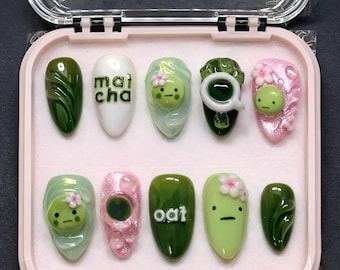 Paznokcie prasowane Matcha Oat Garden | 3D Kawaii Tea Art Fake Nails