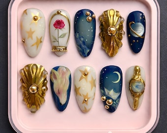 Celestial Press On Nails: Gold Star Moon Fantasy 3D Art Gel Set