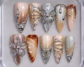 Neutral Press On Nails Chrome Nails Nude Beige Nails Luxury Minimal Elegant Handmade Gel Nails