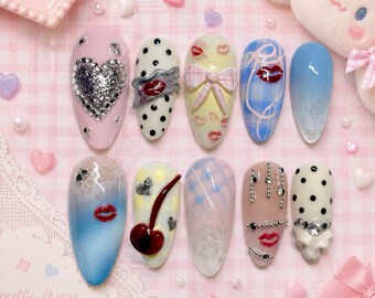 Baby Blue Kawaii Press-On Nails – 3D Bow, Cherry, Lip Art Pastel Set