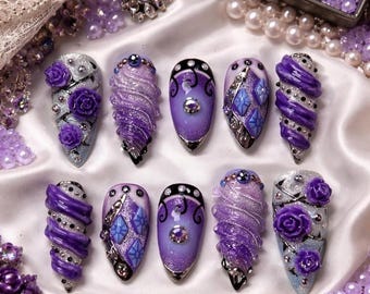 3D Purple Unicorn Horn Rose Nails: Diamond Style Set, Glitter Manicure