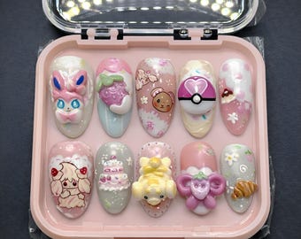 Hand-Painted Press On Nails | Magical Creatures, Cakes, Strawberries (10pc Set)
