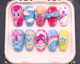 Hand-Painted Pinkie Pie Pony Press-On Nails: Kawaii Rainbow Balloon Set