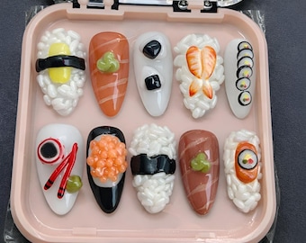 Hand-Painted Sushi Press On Nails | 3D Salmon, Shrimp, Maki Roll Fake Nails