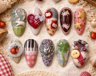 Vintage Patchwork and 3D Bunny Nails: Cottagecore Craft Style Set, Storybook Charm Holiday Manicure