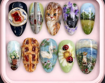 Hand-Painted Press-On Nails: Ginger Cat, Waffle, Ladybug Garden Designs
