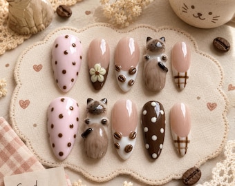 3D Coffee Cat Press On Nails | Kawaii Kitty, Polka Dot, Plaid Nail Art Set