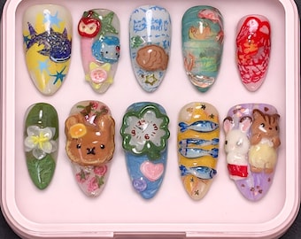 Hand-Painted Press-On Nails: Whimsical Forest Friends & Taiyaki Fish Designs
