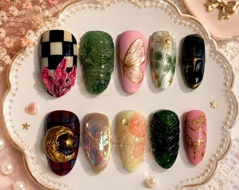 Celestial Garden Press On Nails | Botanical Gothic Butterfly Moon Set