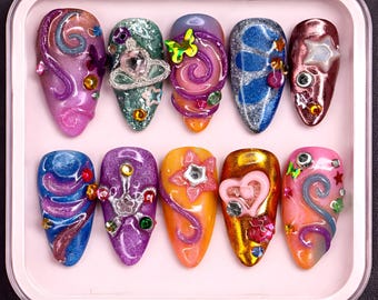Y2K Decora and 3D Bling Nails: Cyber Style Set, Neon Swirl 3D Charm  Manicure