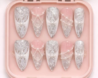 Elegant White Lace Pearl Press On Nails: Bridal, Romantic Coquette Set