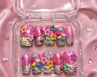 Pink Glitter Y2K Zebra Print Press-On Nails 3D Stars Hearts | Kawaii Candycore Nail Art