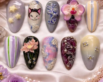 Mismatched Weirdcore Nails: 3D Octopus and Orchid Style Set, Avant Garde Cat Holiday Manicure