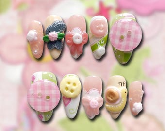Pastel Button and 3D Snail Nails: Kawaii Craftcore Style Set, Gingham Bow Holiday Manicure