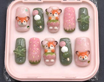 3D Kawaii Fox Matcha Dango Drücken Sie auf die Nägel | Erdbeere Sternfrucht Salbei Grüne Fake Nägel