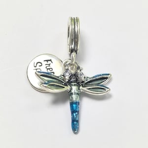 Può includere: Un ciondolo a forma di libellula argentata con ali smaltate blu e verdi e un corpo blu perlato. Il ciondolo ha un piccolo tag rotondo con la scritta "Free Spirit".