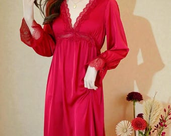 Satin Kimono Robe Nightgown, Deep V Lace Bridal Sleepwear