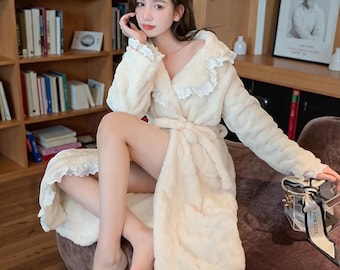 Coral Fleece Robe - Women's Warm Winter Lounge Wear with French Retro Design