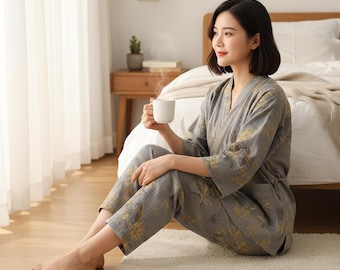 Mens Cotton Kimono Pajama Set: Lightweight Lounge Sleepwear