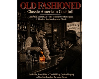 May include: A vintage image depicts a bartender preparing an Old Fashioned cocktail. The scene is set in a classic bar, with text reading "OLD FASHIONED Classic American Cocktail" and "Louisville, Late 1800s - The Whiskey Cocktail Legacy". The lighting is dim, creating a classic atmosphere.