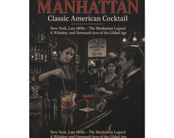 May include: A vintage print depicting a classic American cocktail scene. The image shows a bartender mixing a drink, with the text "MANHATTAN Classic American Cocktail" at the top. The scene is set in New York, late 1800s.