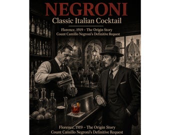 May include: A poster featuring the text "NEGRONI Classic Italian Cocktail" in red. The image shows a bar scene with two men in suits, one preparing a drink. The text below reads "Florence, 1919 - The Origin Story" and "Count Camillo Negroni's Definitive Request".