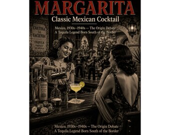 May include: A sepia-toned poster advertising a "MARGARITA" cocktail, described as a "Classic Mexican Cocktail." The image shows a bar scene with a bartender and a patron. Text includes "Mexico, 1930s-1940s - The Origin Debate" and "A Tequila Legend Born South of the Border."
