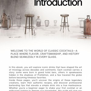 May include: An illustrated ebook cover with the title "Introduction" in bold black letters. The image features cocktail glasses, bottles, and bar stools, suggesting a guide to classic cocktails.