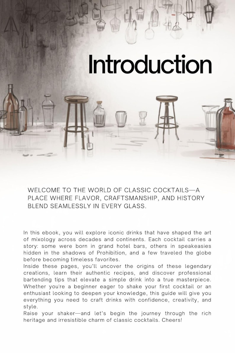 May include: An illustrated ebook cover with the title "Introduction" in bold black letters. The image features cocktail glasses, bottles, and bar stools, suggesting a guide to classic cocktails.