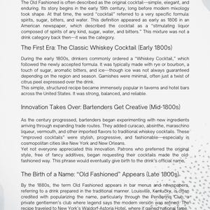 May include: Text from a document titled "1. Old Fashioned" describes the cocktail's history, from its early 19th-century origins to its rise in popularity. It details the classic whiskey cocktail and the evolution of the drink.