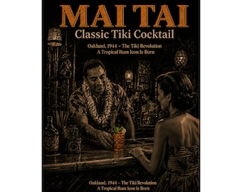 May include: A vintage poster advertising the Mai Tai cocktail. The poster features the words "MAI TAI Classic Tiki Cocktail" in gold. The image shows a bartender serving a cocktail to a woman. The text "Oakland, 1944 - The Tiki Revolution" is also included.