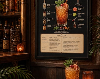 May include: A cocktail recipe poster for a Zombie cocktail, with a detailed illustration of the drink. The poster includes ingredients, garnish, and origin information. A finished cocktail sits on a wooden table, next to a lit candle.