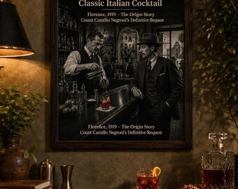 May include: A framed print featuring the text "NEGRONI Classic Italian Cocktail" and an illustration of a bartender. The print also includes the text "Florence, 1919 - The Origin Story Count Camillo Negroni's Definitive Request". A cocktail sits on a wooden bar.