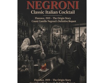 May include: A canvas print with a vintage illustration of a Negroni cocktail. The image depicts a bartender pouring a drink for a man in a suit. The text on the print reads "NEGRONI Classic Italian Cocktail" and "Florence, 1919".
