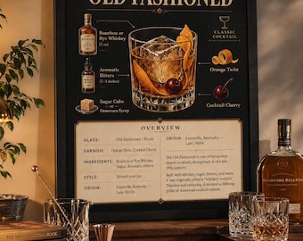 May include: A framed print illustrating an Old Fashioned cocktail recipe. The image shows a graphic of the drink with ingredients including bourbon, bitters, and a cherry garnish. Bar tools and a whiskey bottle are also visible.