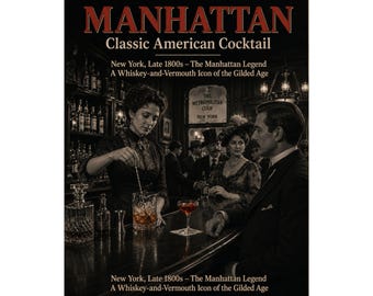 May include: A vintage image of a bartender preparing a Manhattan cocktail. The text reads "MANHATTAN Classic American Cocktail" and describes the drink's history in New York during the late 1800s. The image has a classic, historical theme.