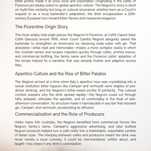 May include: Text from a page titled "4. Negroni" detailing the history and cultural impact of the Negroni cocktail. The text discusses its origins in Florence, Italy, and its rise in popularity.