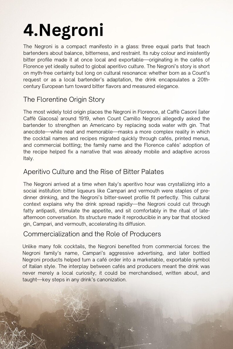 May include: Text from a page titled "4. Negroni" detailing the history and cultural impact of the Negroni cocktail. The text discusses its origins in Florence, Italy, and its rise in popularity.