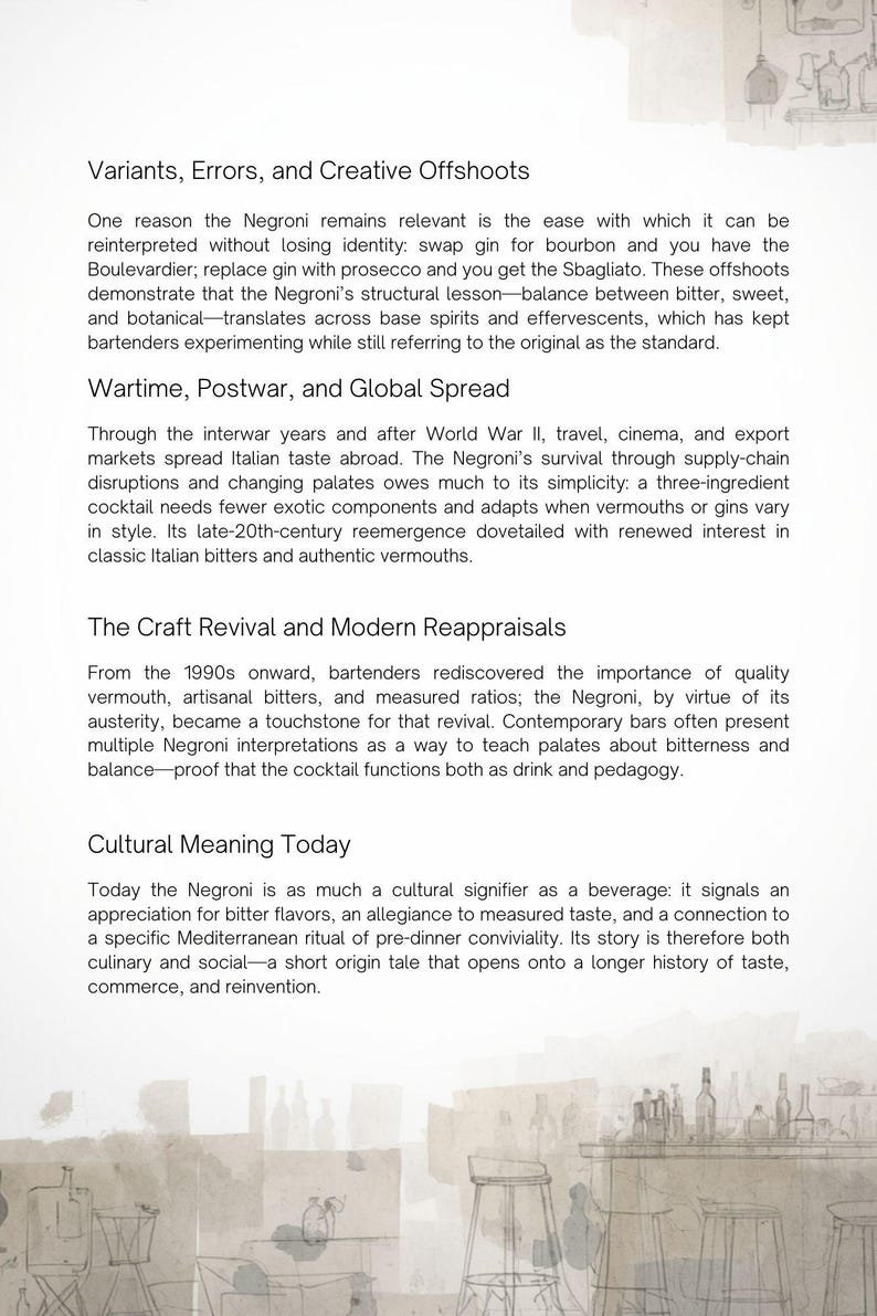 May include: Text-filled page discussing the Negroni cocktail's history, variations, and cultural significance. The text is arranged in sections with titles like "Variants, Errors, and Creative Offshoots" and "Cultural Meaning Today."