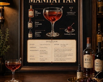 May include: A Manhattan cocktail recipe poster in a dark wooden frame. The poster details the cocktail's ingredients and history. Bottles of rye whiskey, sweet vermouth, and bitters are displayed nearby. The poster is a classic American design.