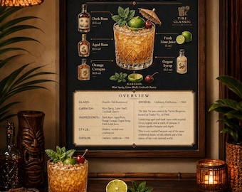 May include: A vintage-style poster advertising a Mai Tai cocktail, with a detailed illustration of the drink and its ingredients. A glass of the cocktail, lime, and cherries are on a wooden surface. The poster includes text and a glass of the cocktail.